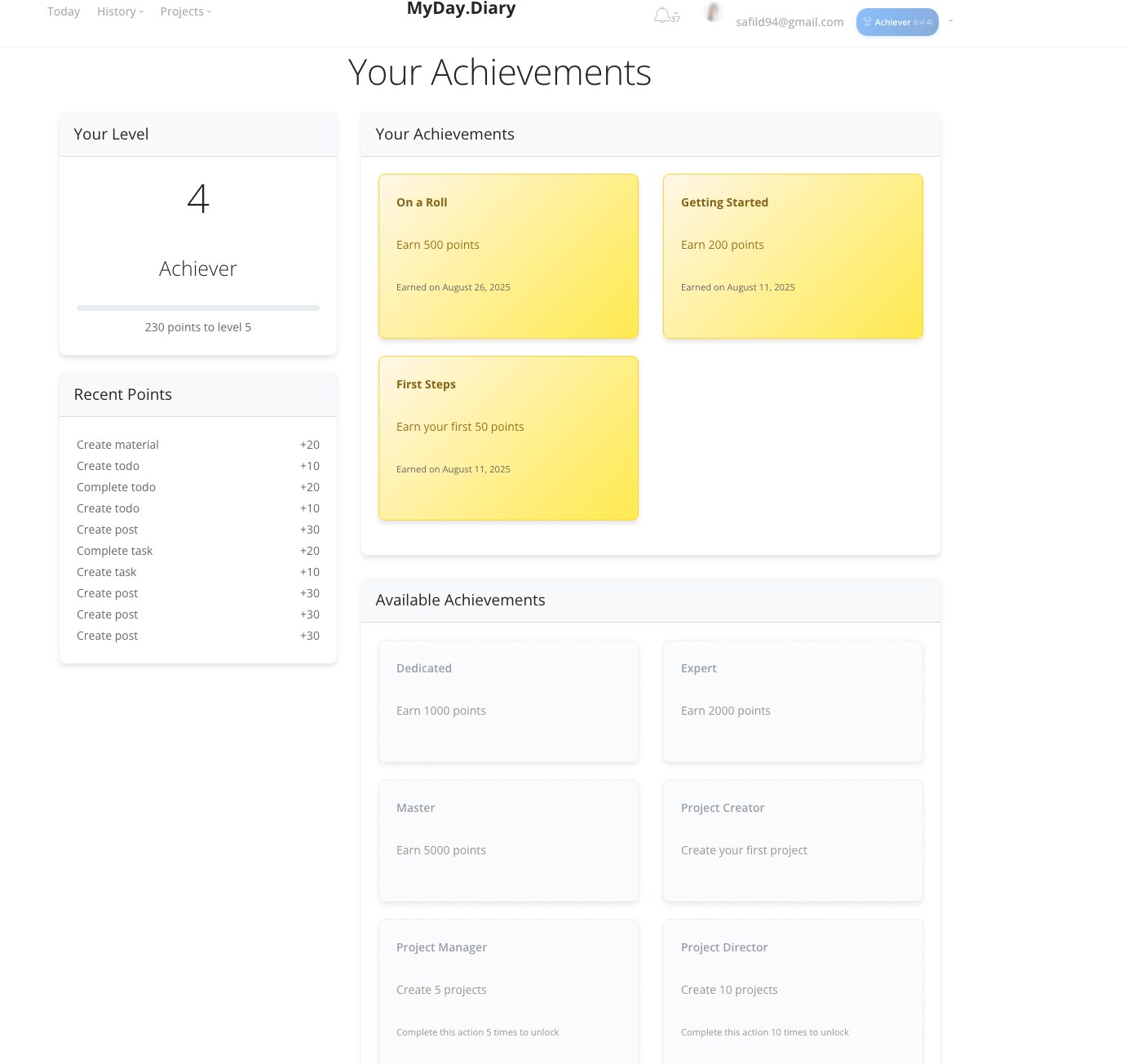MyDay achievements dashboard showing levels, points, and earned achievements