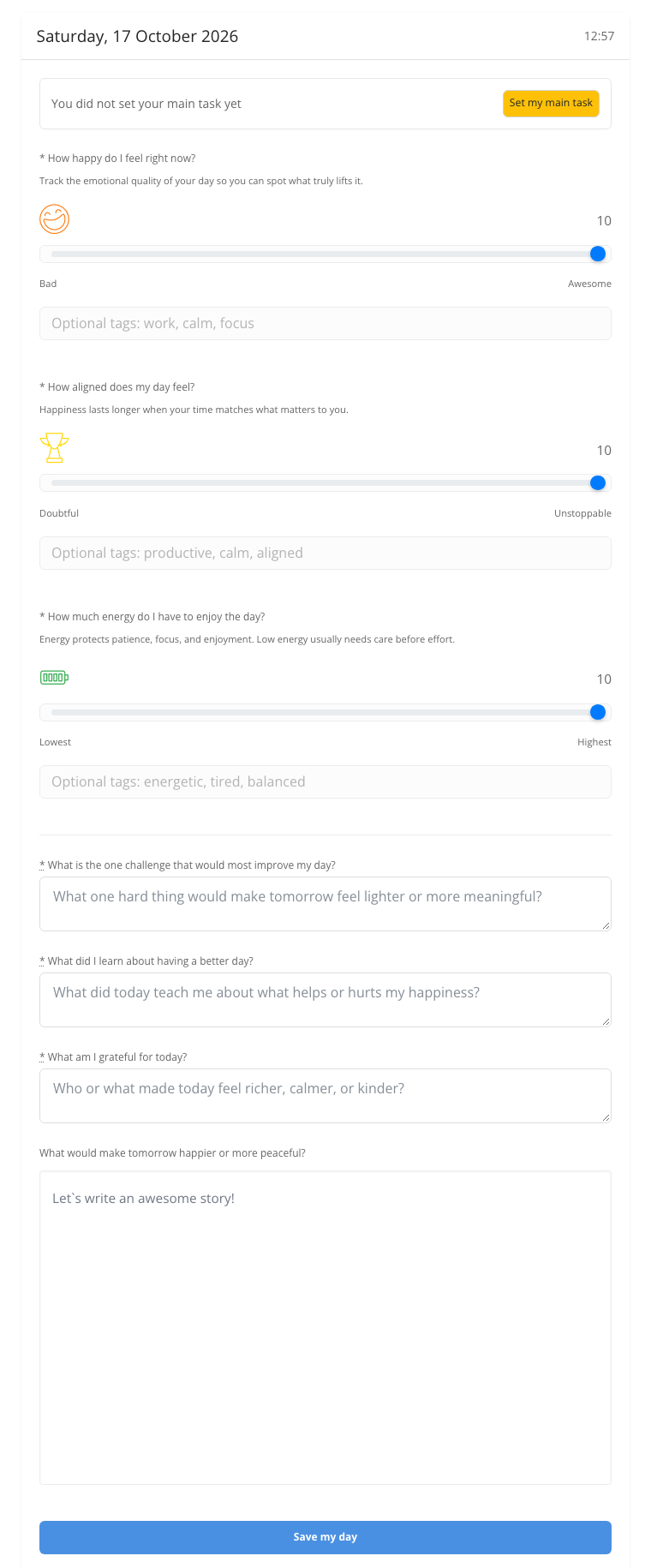 Screenshot of MyDay dashboard input groups: mood, alignment, and energy sliders; challenge, lesson, and gratitude fields; reflection editor; and Save my day button